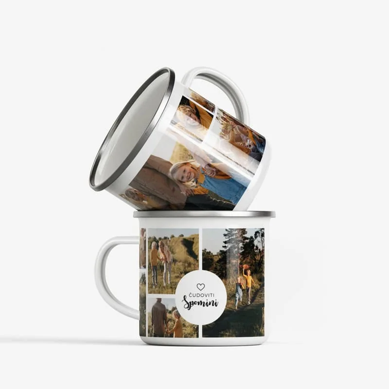 Emajlirana skodelica s fotografijo in napisom.