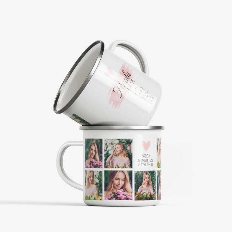 Emajlirana skodelica s fotografijo in napisom.