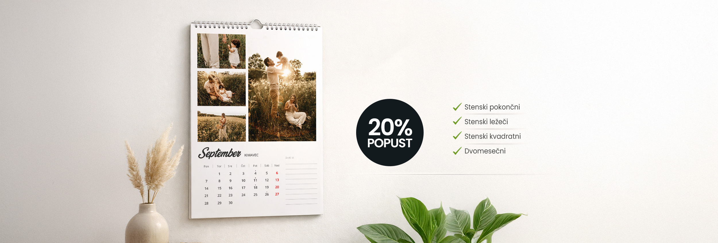 Family outdoor photo wall calendar with September month and special 20% discount offer on photo printing services at FOTO GM.