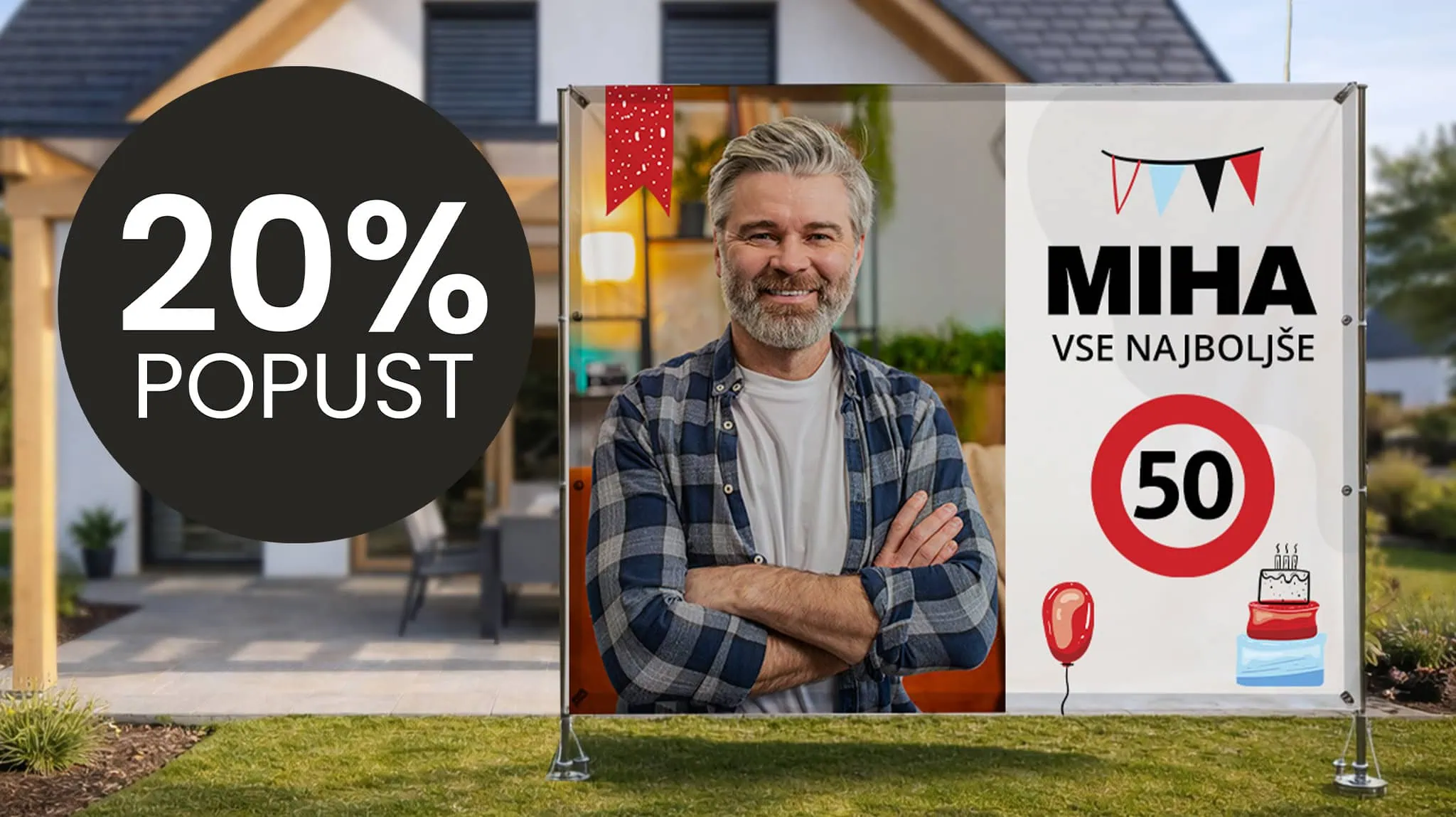 Bright smiling man standing outdoors next to MIHA promotional banner with 20% discount offer.