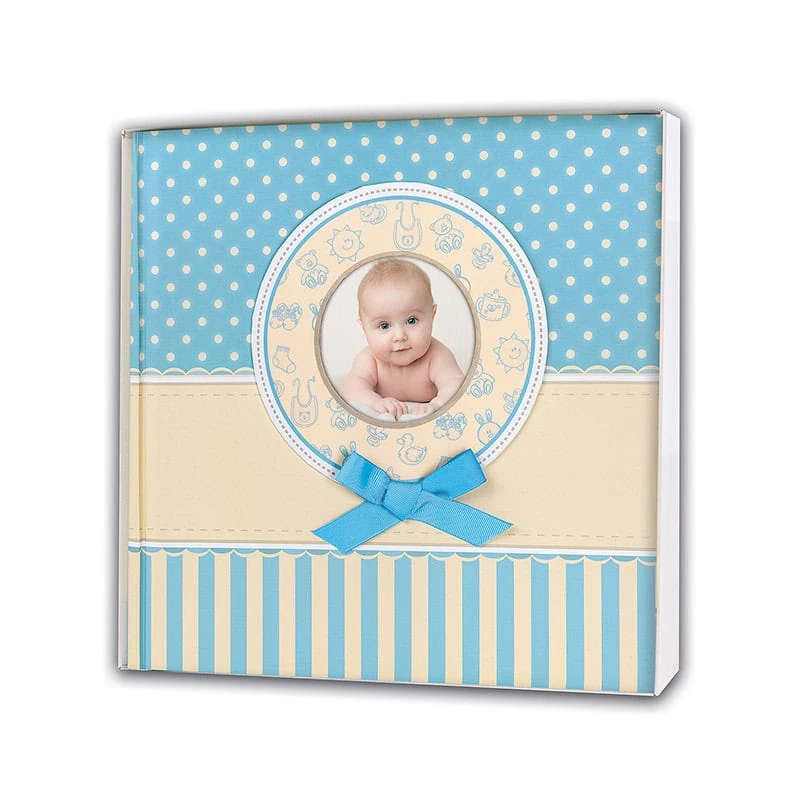 Baby photo album with blue and beige design, perfect for newborn memories and keepsakes.