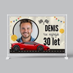 Personalized birthday banner for Denis with a red sports car and celebration elements.