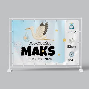 Stork with baby bundle on a personalized birth announcement backdrop for Maks, March 9, 2026.