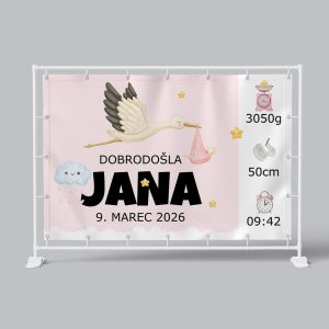Baby shower banner with stork, birth details, and decorative elements for newborn celebration.