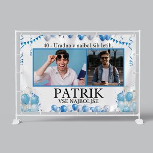 Personalized birthday banner celebrating Patrik with balloons and festive decorations.