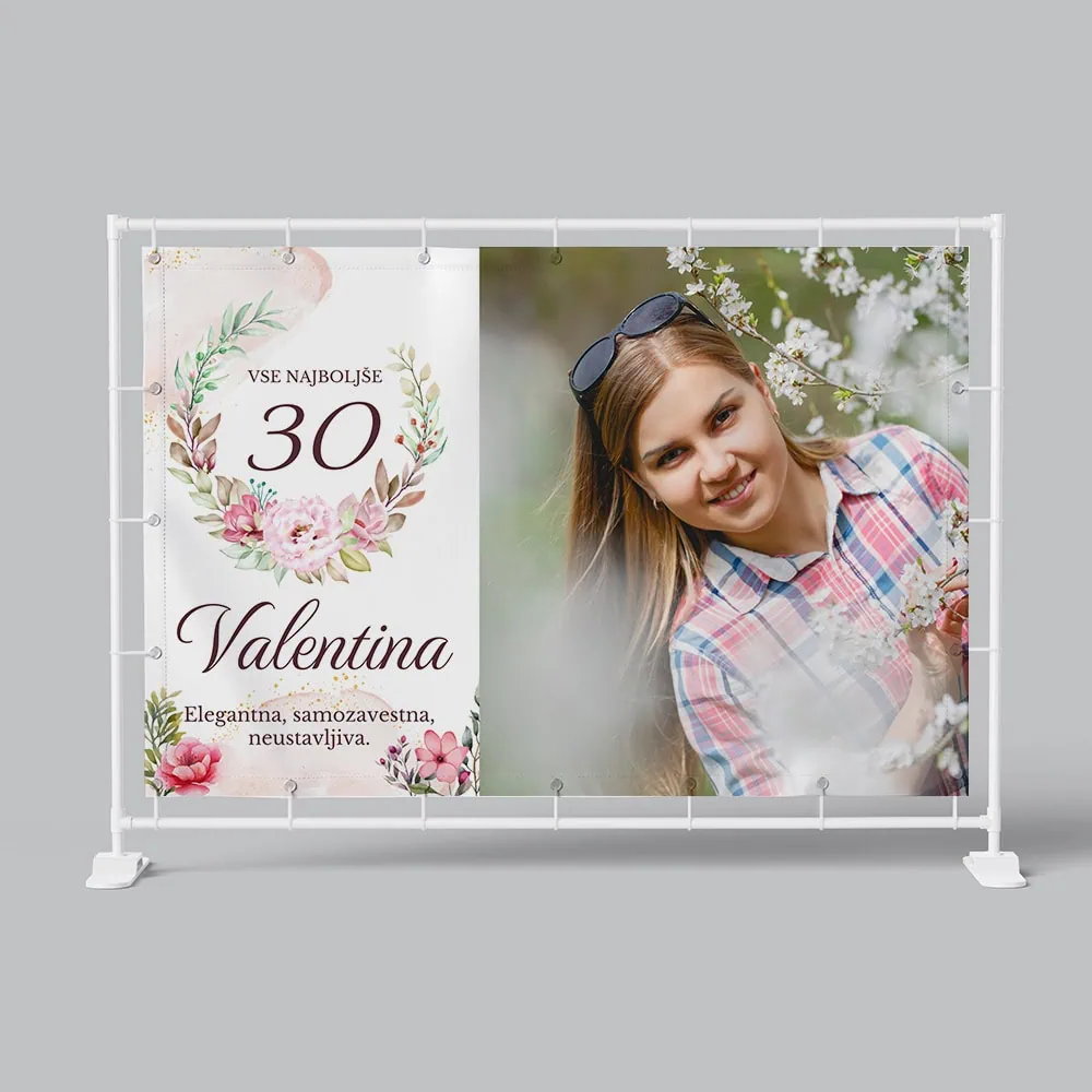 Celebrating 30th Valentina with elegant floral design and joyful portrait.
