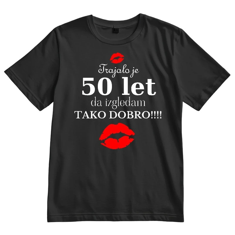 50 characters: Fun black T-shirt with humorous lipstick print and Polish text.