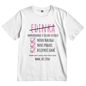 Personalized white T-shirt with colorful text and checkmarks for a fun, casual look.