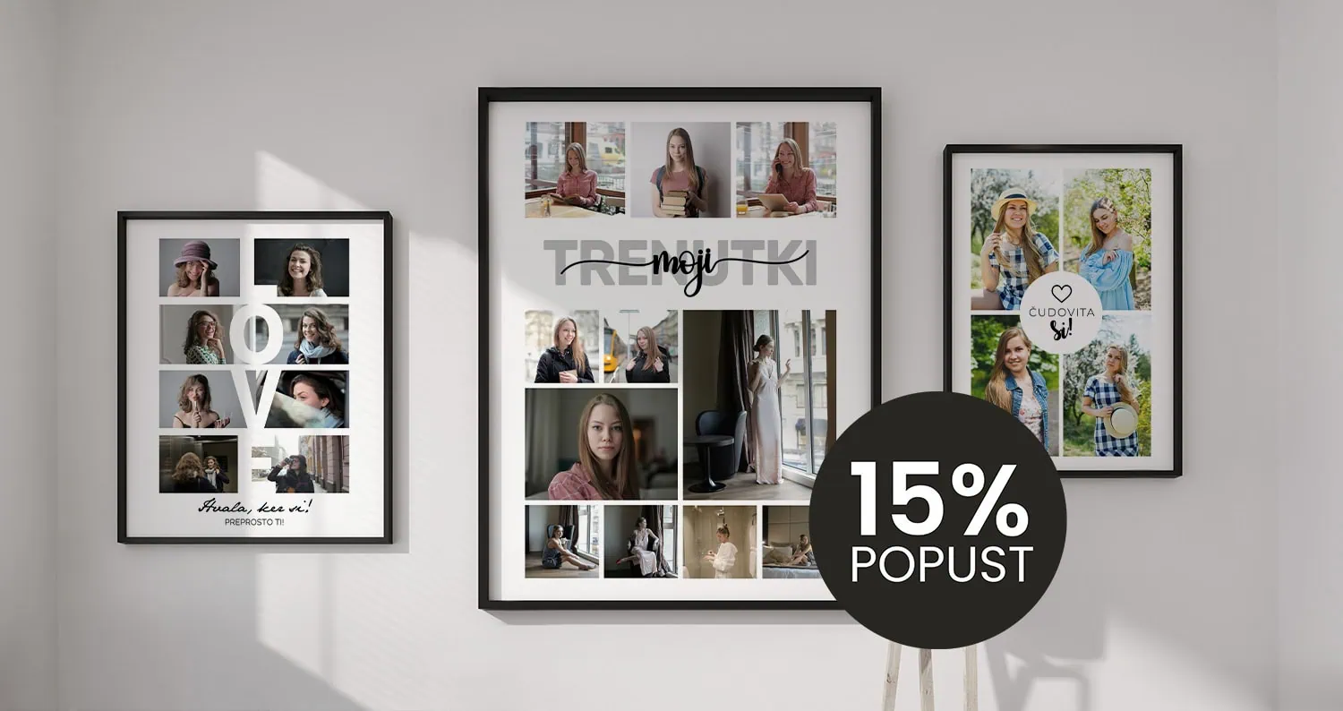 A colorful collage of framed family photos and portraits displayed on a white wall, showcasing perso.