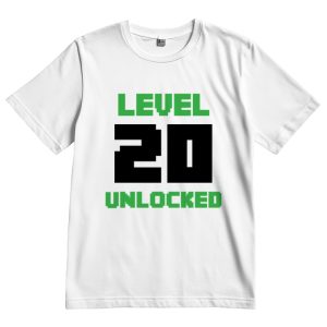 20th level unlocked graphic T-shirt, gaming achievement shirt, pixel art design, casual wear for gam.
