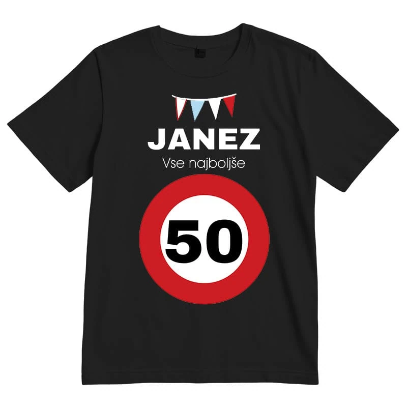 50th birthday celebration t-shirt with personalized name Janez and festive bunting decoration. Perfe.
