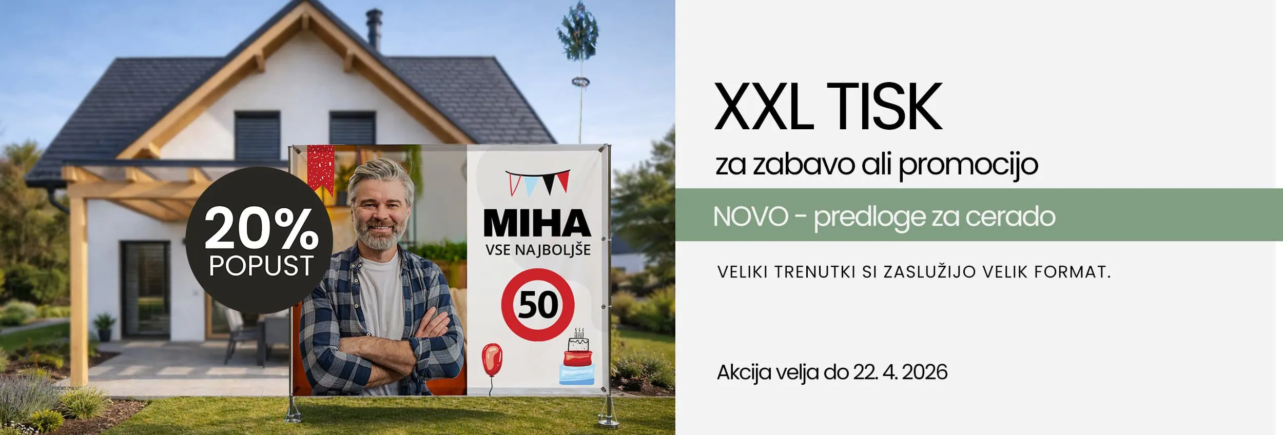 Brightly lit house with promotional banners for XXL TISK, offering large-format printing for events.