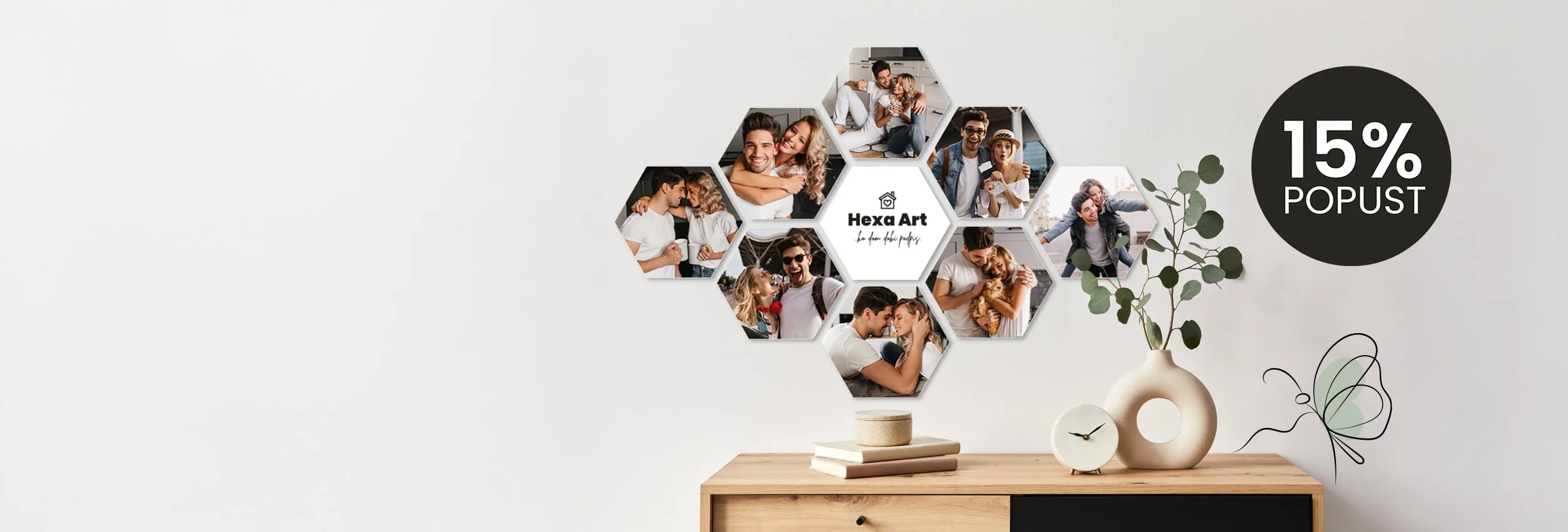 Creative workspace with hexagon-shaped photo collage and 15% discount badge for FOTO GM.