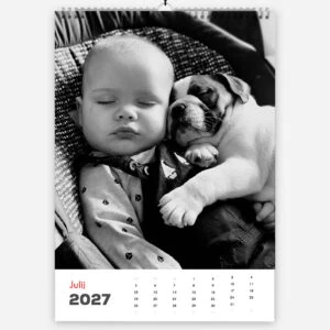 Black and white photo of a sleeping child with a puppy in a cozy setting.