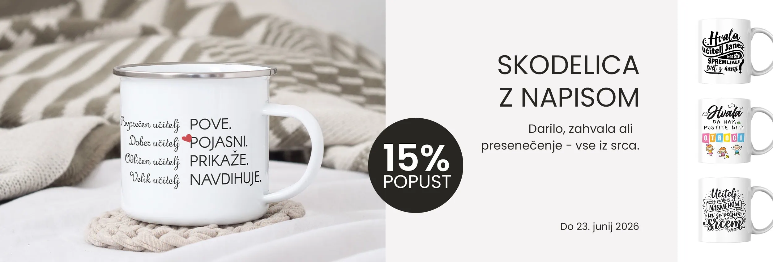 A cozy white mug with inspirational Slovenian quote on a soft, textured background.