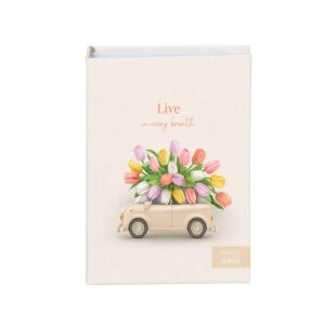 Decorative photo album with pastel tulips and vintage car design.