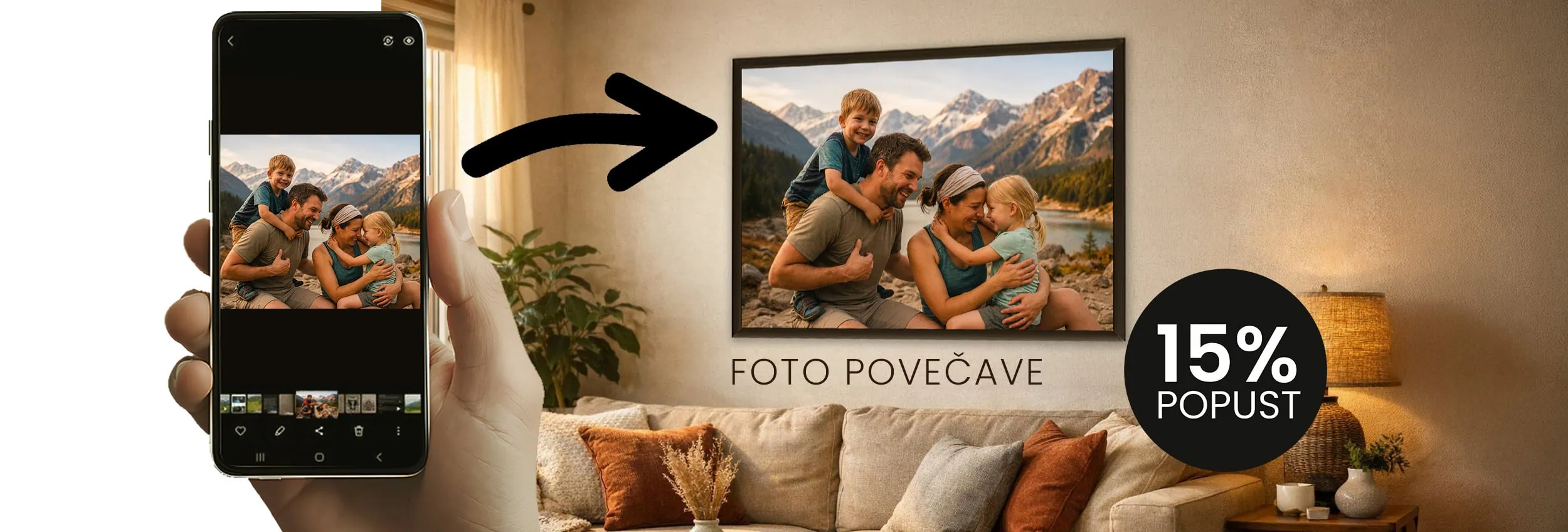 Family enjoying mountain view displayed on a large TV screen.