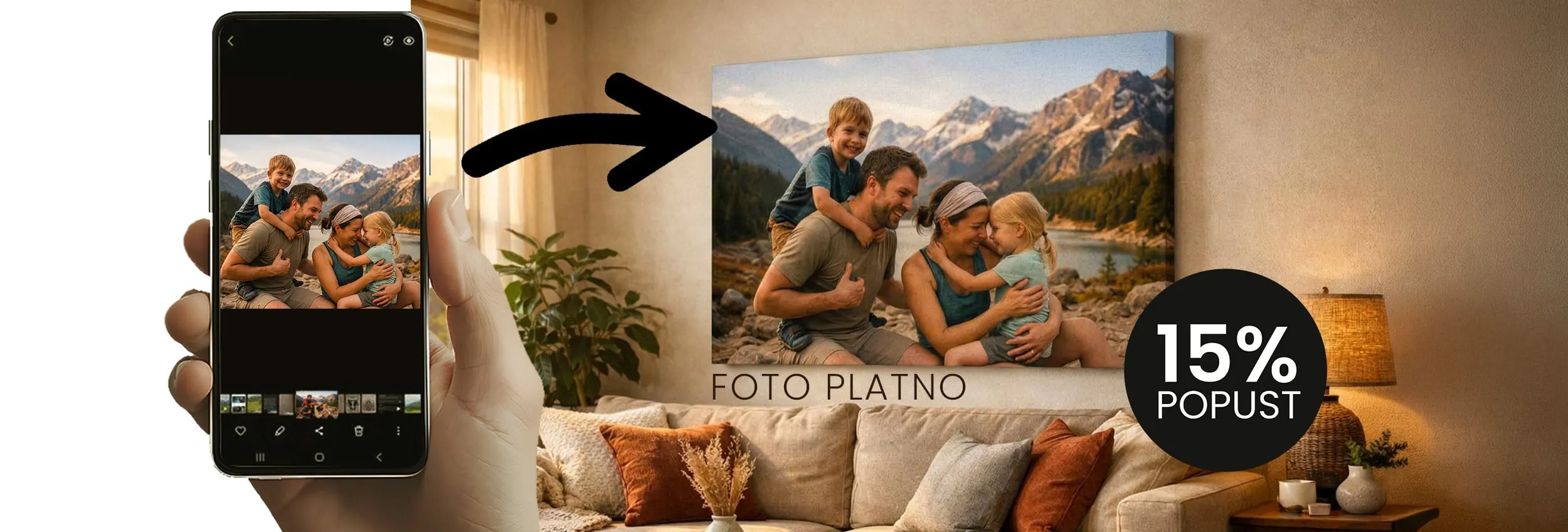 Family enjoying outdoor scenery with mountain backdrop, capturing photo on smartphone.