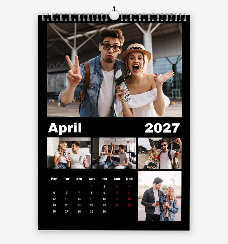 crna_pustolovscina_0 Young couple at train station making funny faces and gestures in April 2027 calendar.