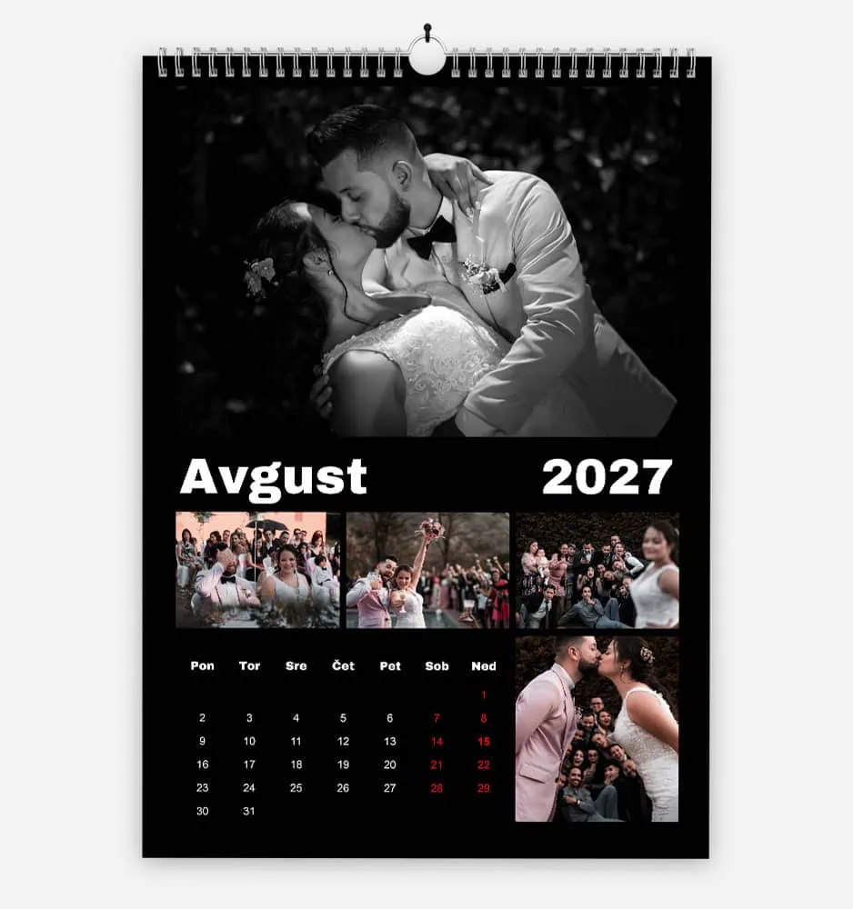 crna_pustolovscina_3 Black and white wedding photo of couple kissing, calendar for August 2027 below.