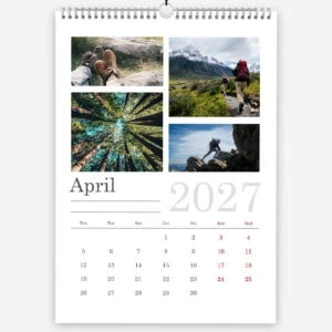 April 2027 calendar with outdoor adventure and nature photos.