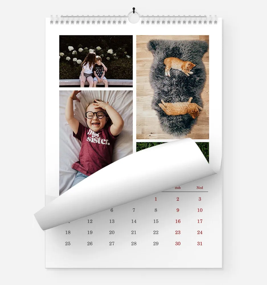 Photographs of children and pets on a calendar page from FOTO GM.