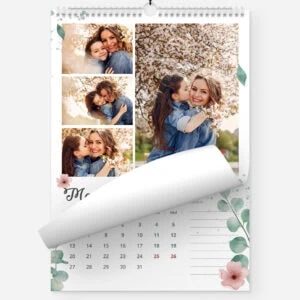Family photo calendar with children and blooming trees, springtime scene.