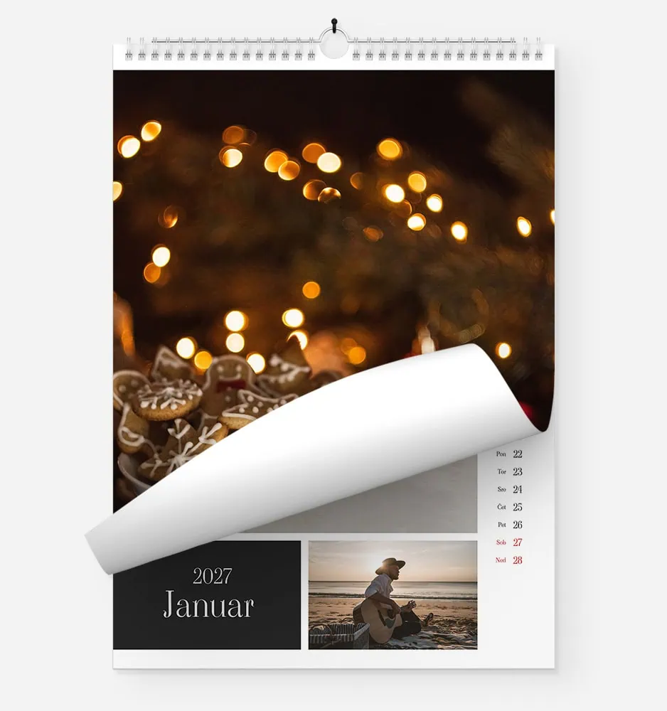 jasna_1 2027 January calendar with festive bokeh lights and a person playing guitar on the beach.