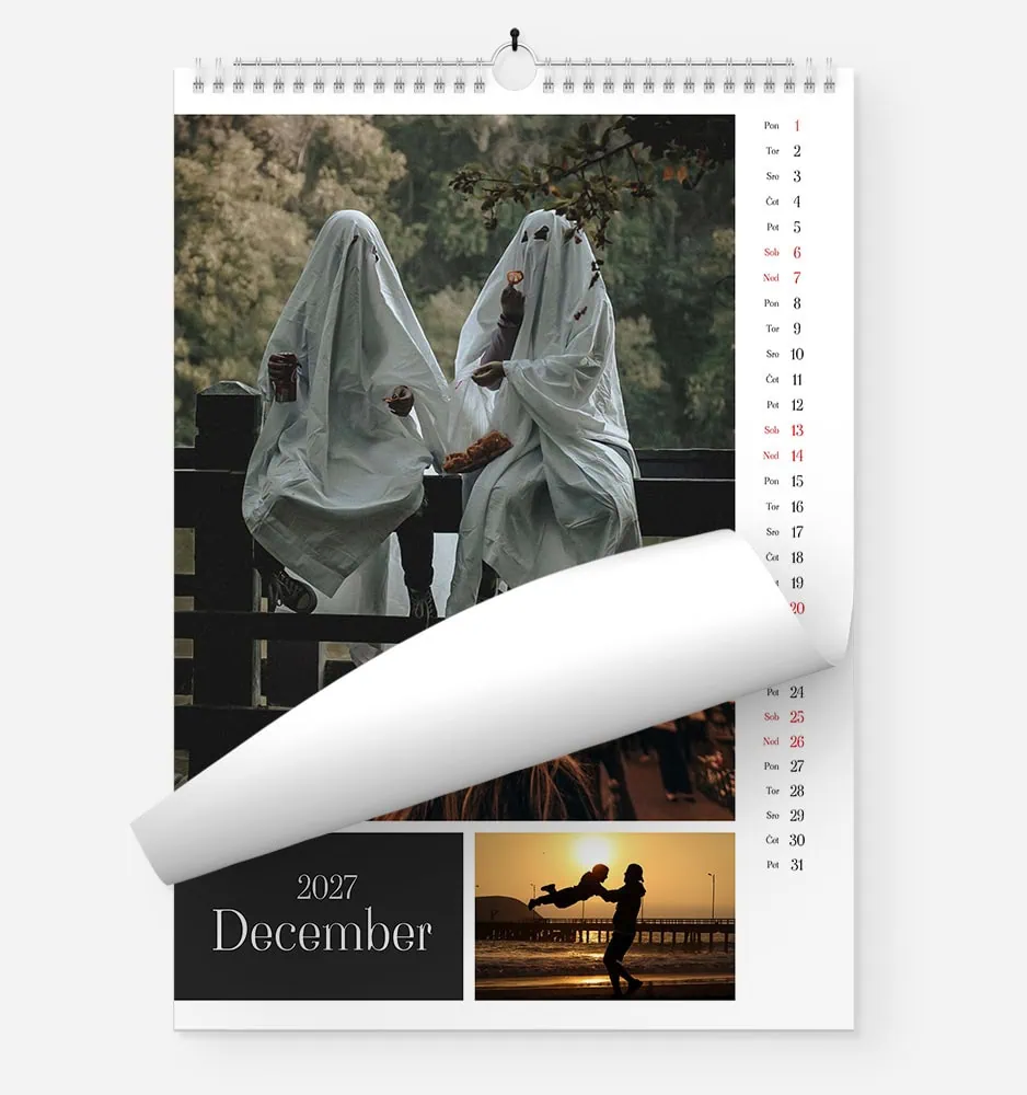 December 2023 calendar with ghostly figures in a park scene.