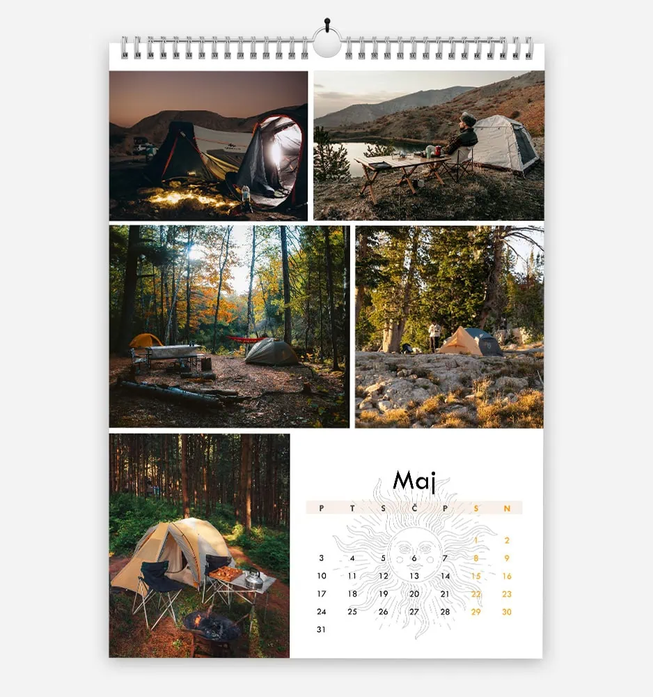 Camping scenes in nature with tents, campfire, and scenic mountain views.