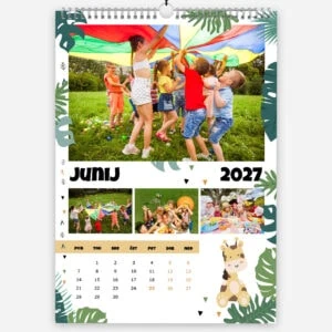 Children playing under a colorful parachute in a park for June 2027 calendar.