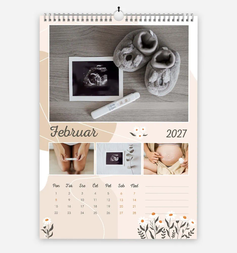 marjetica_0 February 2027 calendar with ultrasound, baby shoes, and pregnancy photo.