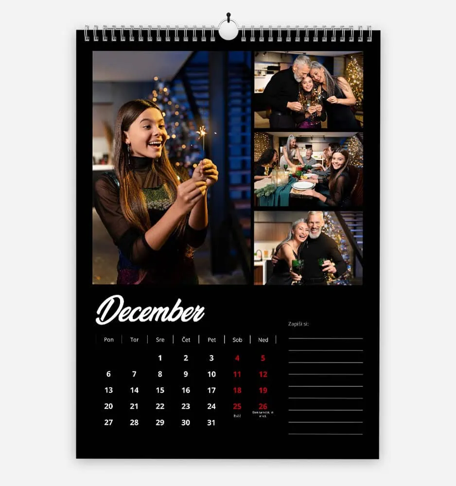 Festive December calendar with family celebrating Christmas and New Year.