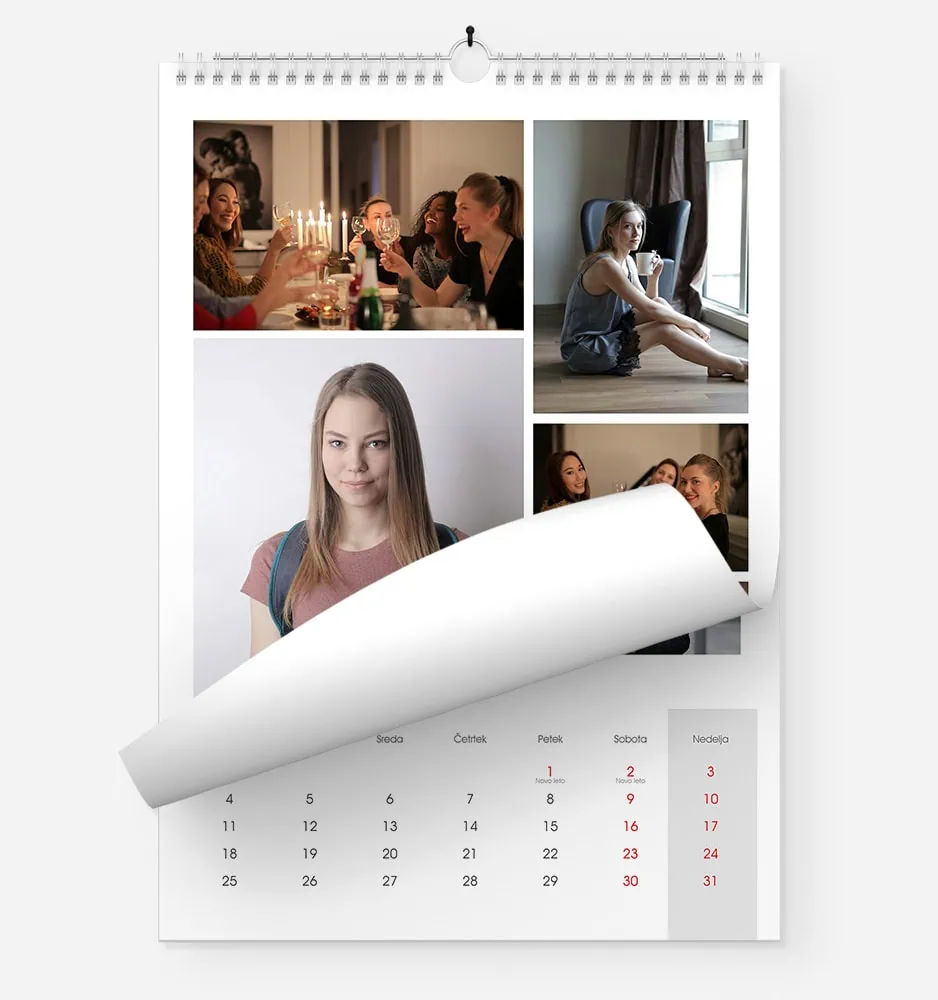 Collage of people enjoying dinner, a girl sitting by window, and a young woman portrait.
