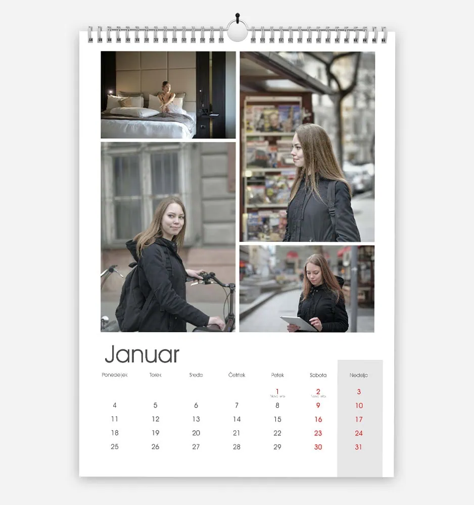 pregledna_3 January 2023 calendar with photos of a young woman in urban and indoor settings.