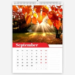 September calendar page with autumn leaves and sunlight in the background.