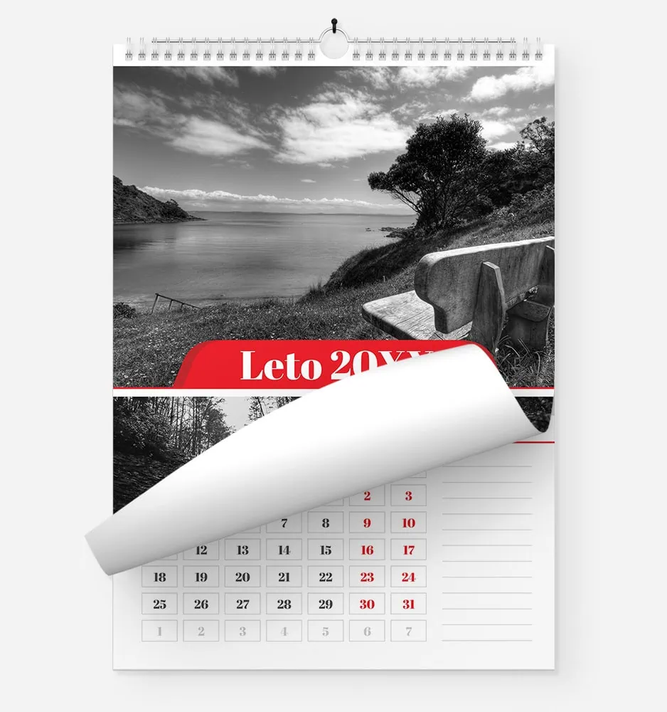 Black and white landscape photo on a calendar page for summer 2023.