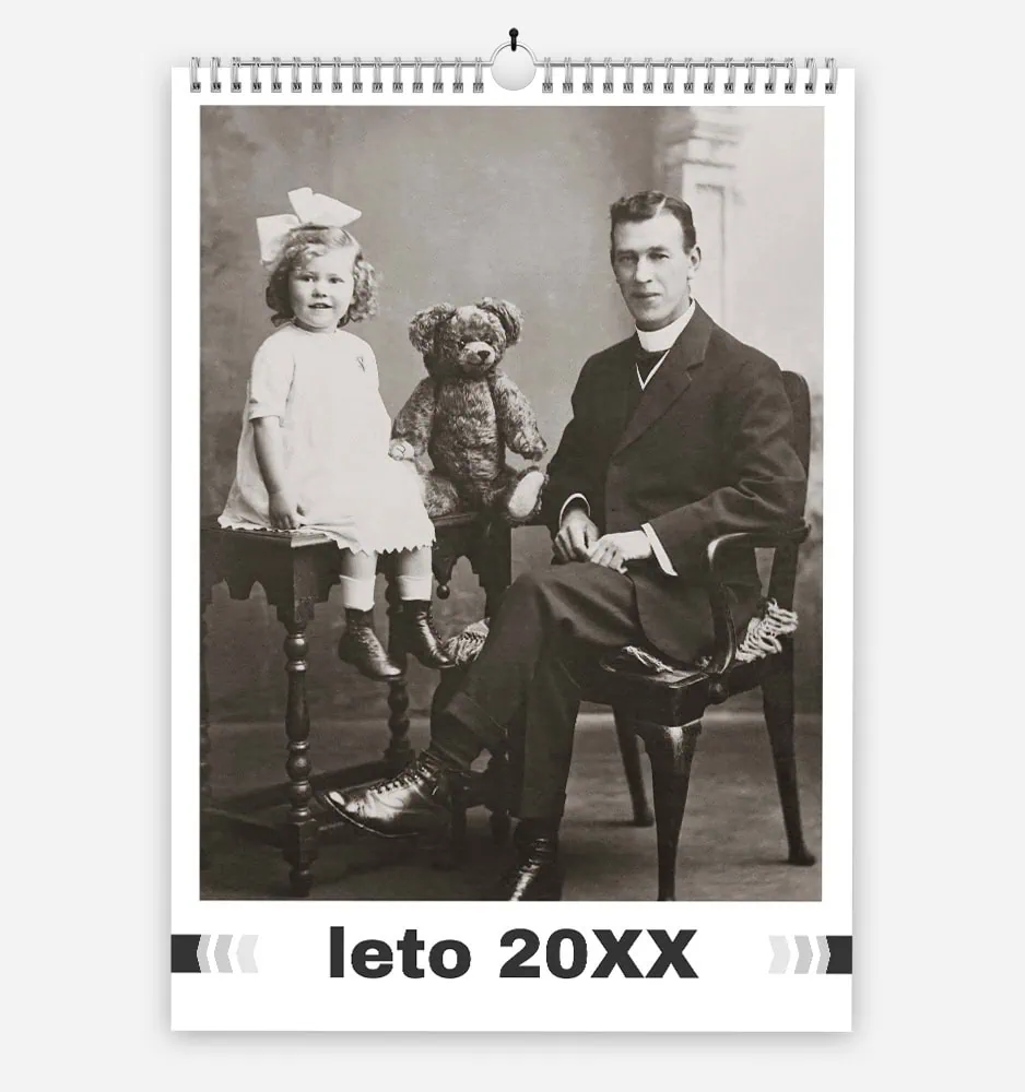 Vintage black and white photo of a man, girl, and teddy bear from 20XX.