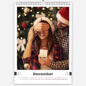 Festive couple celebrating Christmas with gift and Santa hat in front of decorated tree.