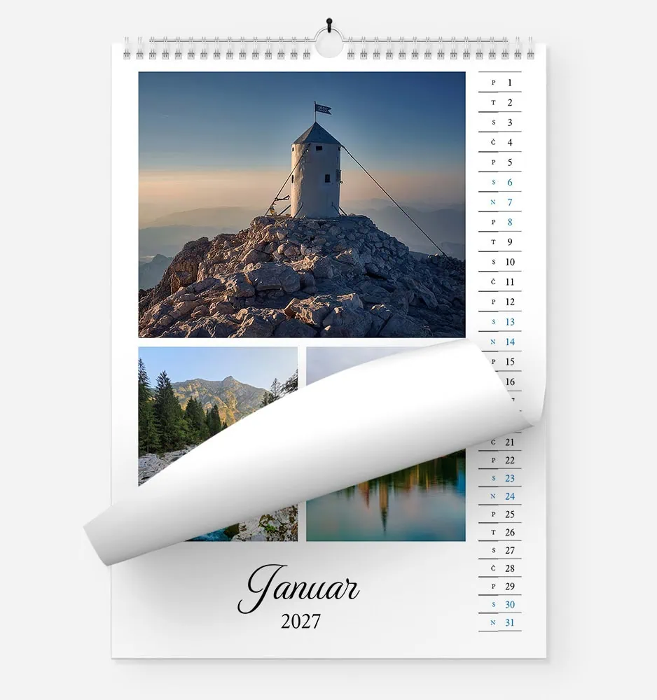 vertikal_2 Scenic mountain landscape with a small white lighthouse on rocky peak at sunset.