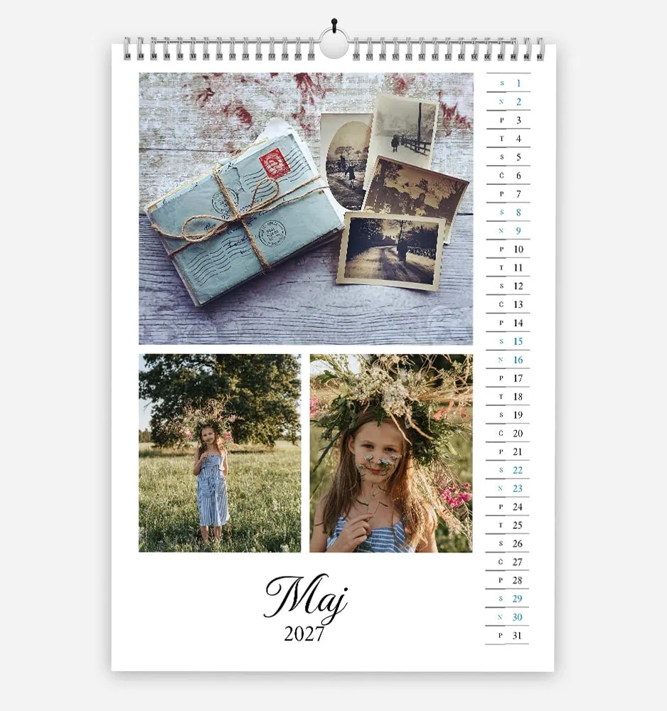 vertikal_3 Vintage photos and a girl in a field on a May 2027 calendar page.