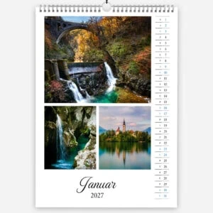 Scenic January 2027 calendar featuring waterfalls, a bridge, and a lakeside town.