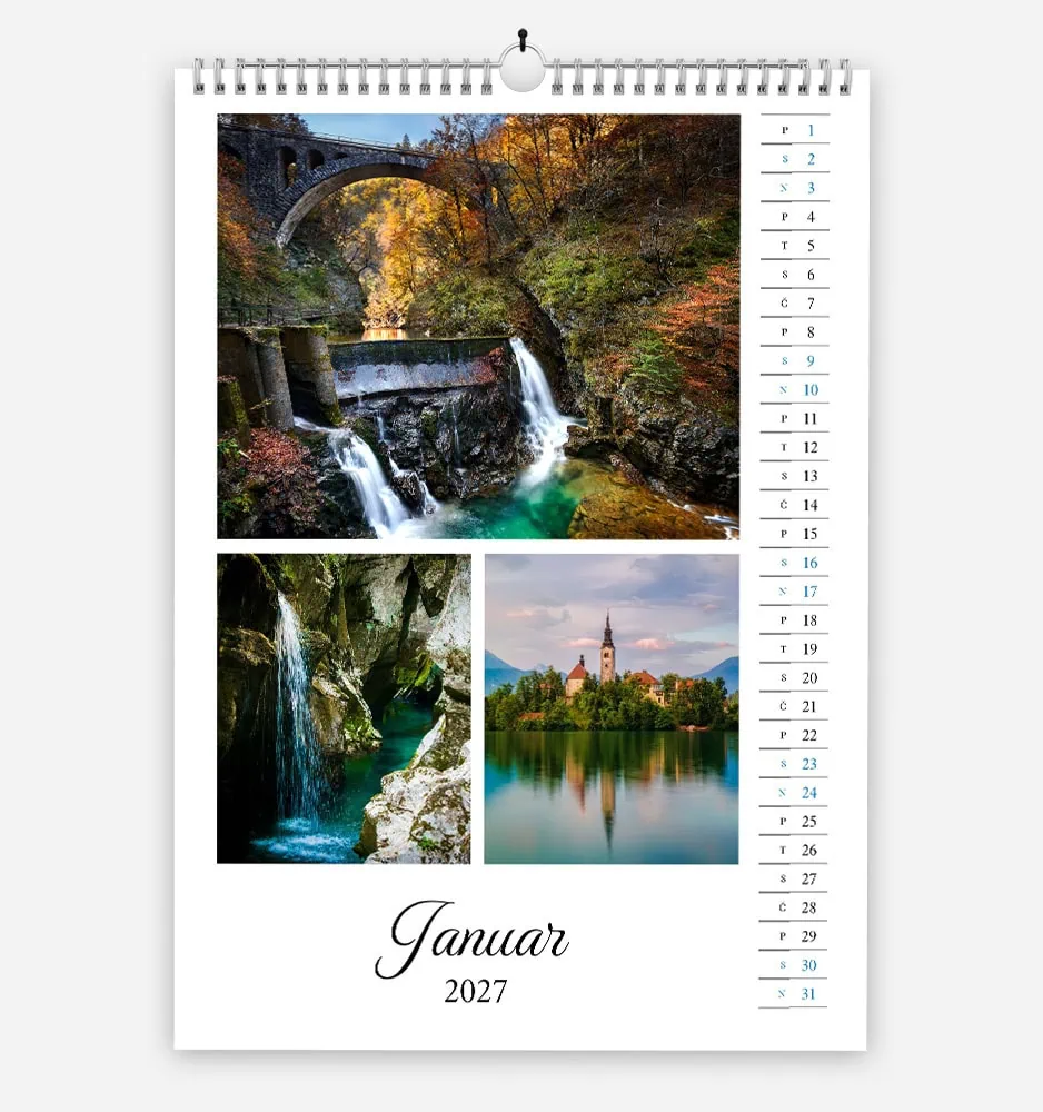 vertikal_4 Scenic January 2027 calendar featuring waterfalls, a bridge, and a lakeside town.
