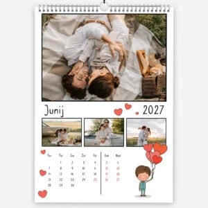 Custom 2027 wall calendar with family photos and cute cartoon character holding balloons.