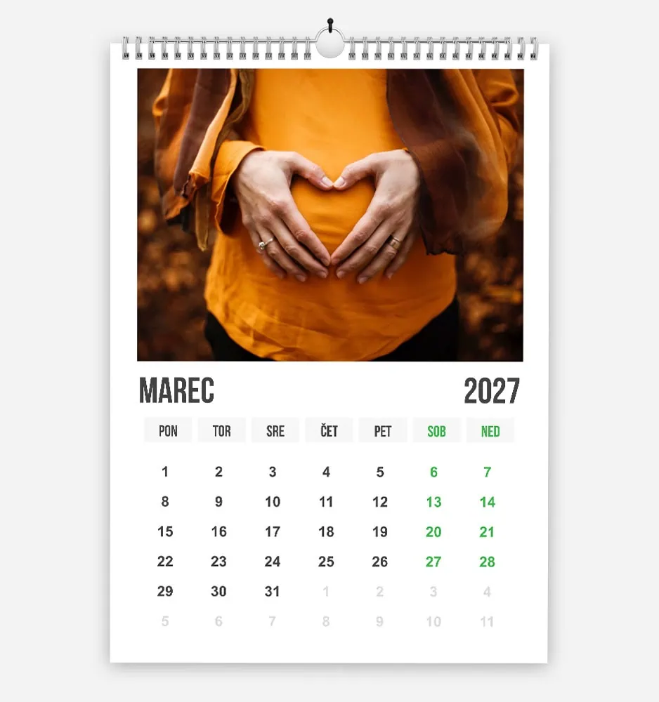 Calendar for March 2027 with a woman forming a heart shape with her hands over her belly.