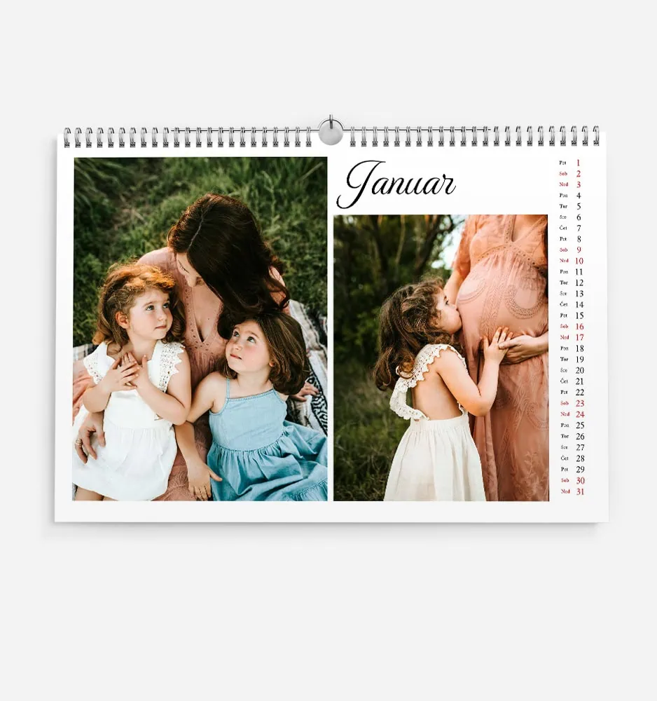 Family photo with children and pregnant woman in nature for January calendar.