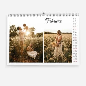 February calendar with a romantic outdoor photo of a couple and a woman in a field.
