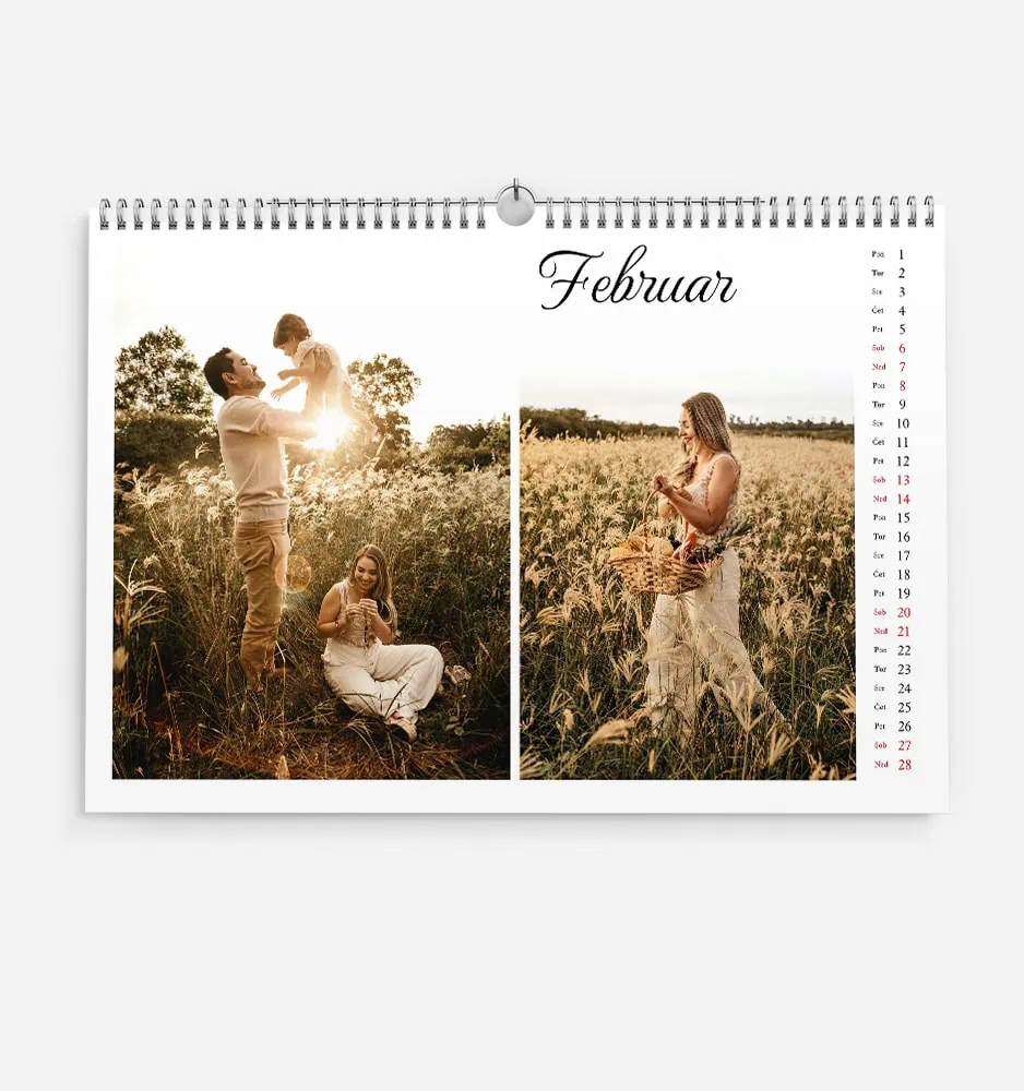 bela_romantika_2 February calendar with a romantic outdoor photo of a couple and a woman in a field.