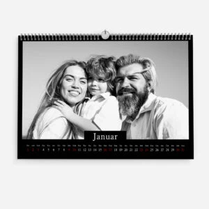 Family portrait on a January calendar wall calendar in black and white.