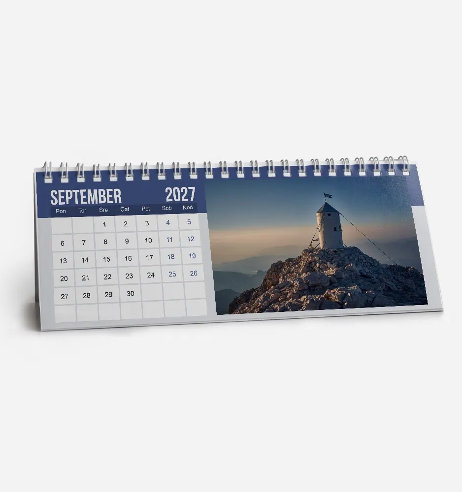 enostavna_namizni_l_2 September 2027 desk calendar with mountain landscape and lighthouse photo.